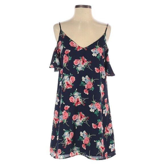 🌺 Design Lab Lord & Taylor Floral Navy Cold Shoulder Flutter Sleeve Mini Dress - Picture 1 of 10